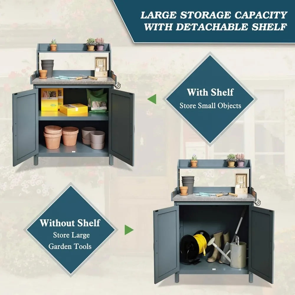 , Wooden Gardening Table with Metal Tabletop and Storage Cabinet