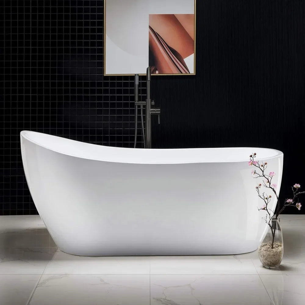 67" Freestanding Bathtub with Matte Black Overflow and Drain.