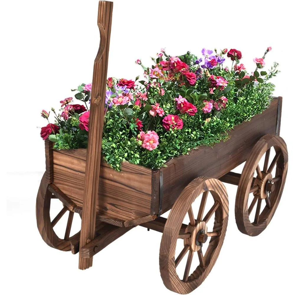 Wood Wagon Flower Planter Pot Stand W/Wheels