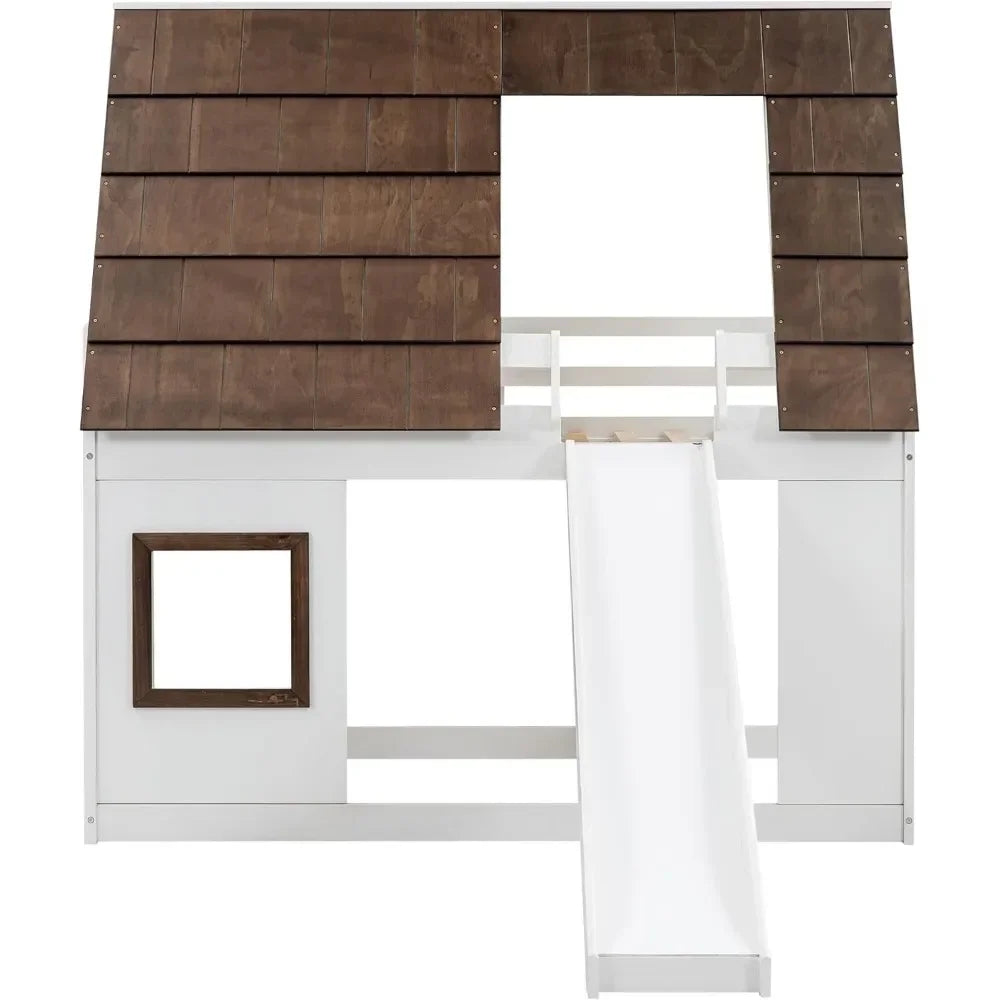 Twin Over Twin House Bunk Bed with Roof and Window