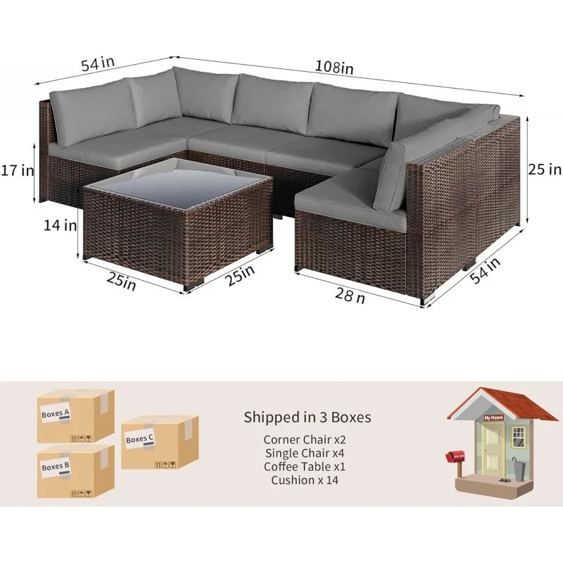 7-Piece Sectional , PE Rattan Outdoor Furniture Patio Conversation Set with Cushions and Glass