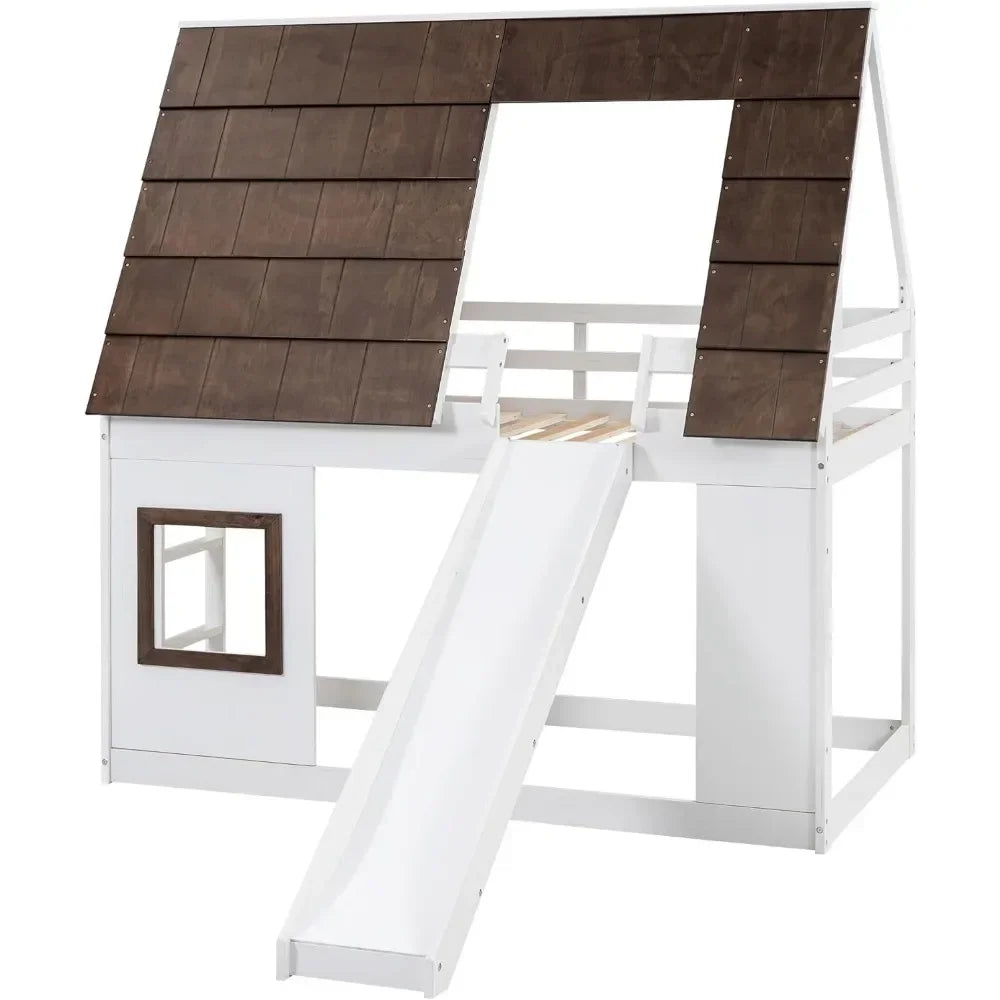 Twin Over Twin House Bunk Bed with Roof and Window