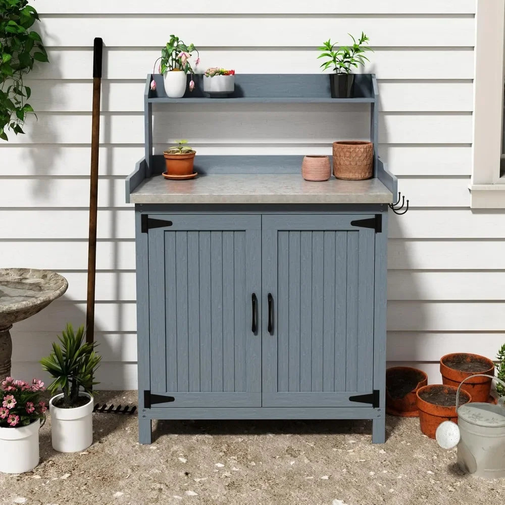 , Wooden Gardening Table with Metal Tabletop and Storage Cabinet