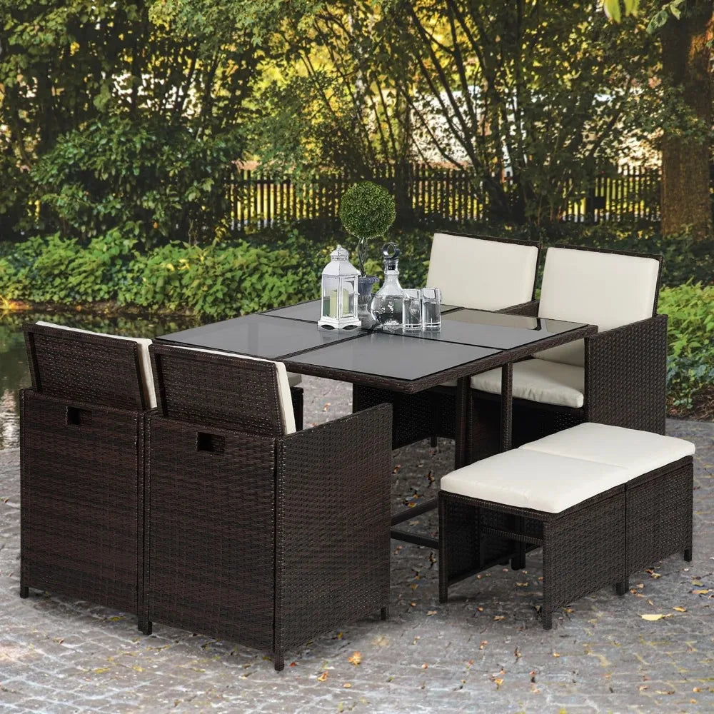 9 Pieces Patio Dining Sets Space Saving Wicker Furniture