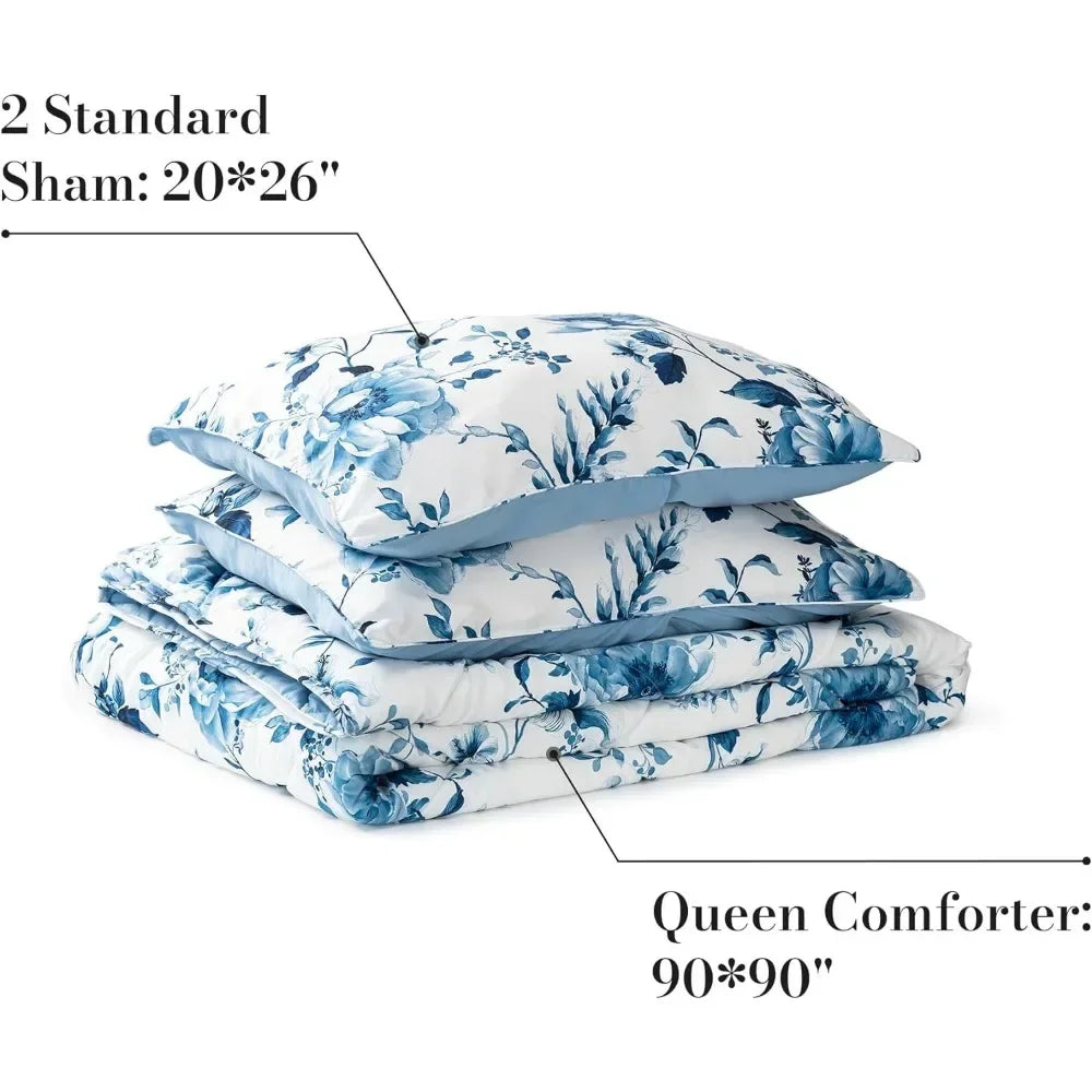 Queen Size Down Alternative Comforter Sets for All Seasons, Full Size Quilt, Garden Floral Farmhouse,2 Pillow Shams,Blue & White