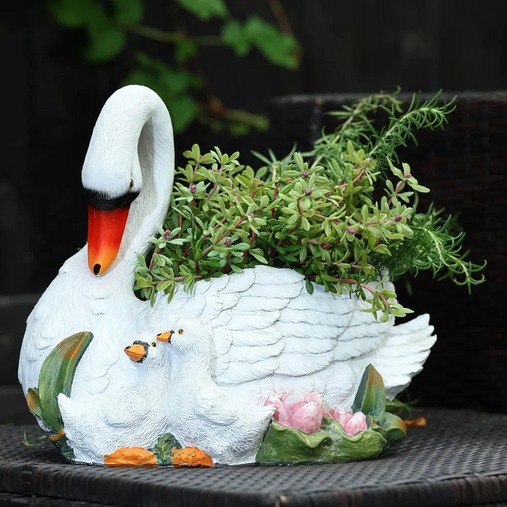 16" Resin Outdoor  White Swan Planter Pot Porch