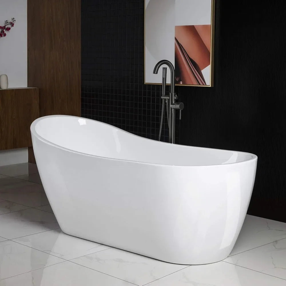 67" Freestanding Bathtub with Matte Black Overflow and Drain.