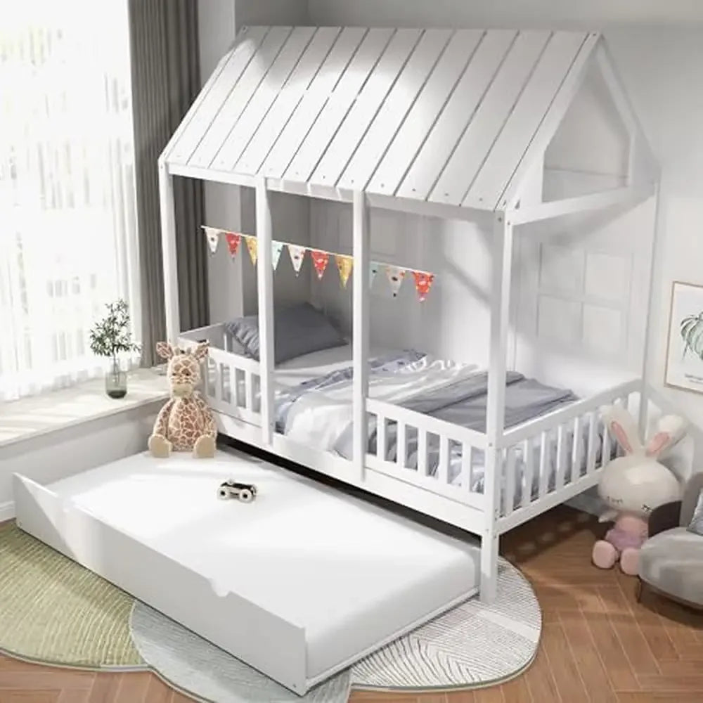 Wooden Twin House Bed with Trundle Playhouse