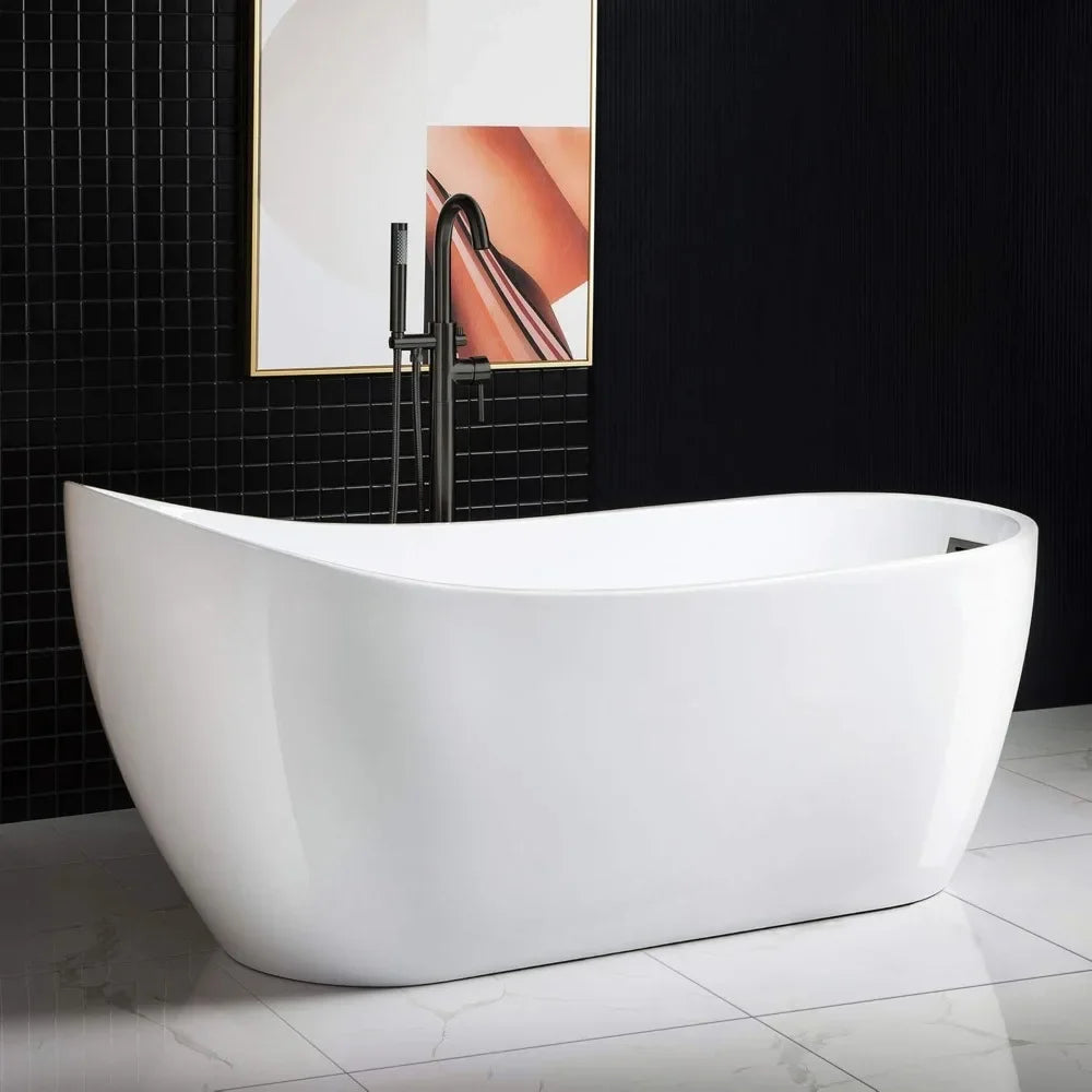 67" Freestanding Bathtub with Matte Black Overflow and Drain.