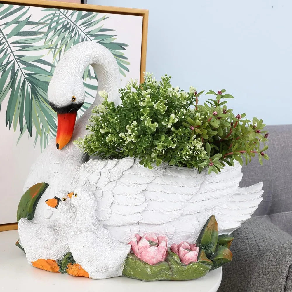 16" Resin Outdoor  White Swan Planter Pot Porch