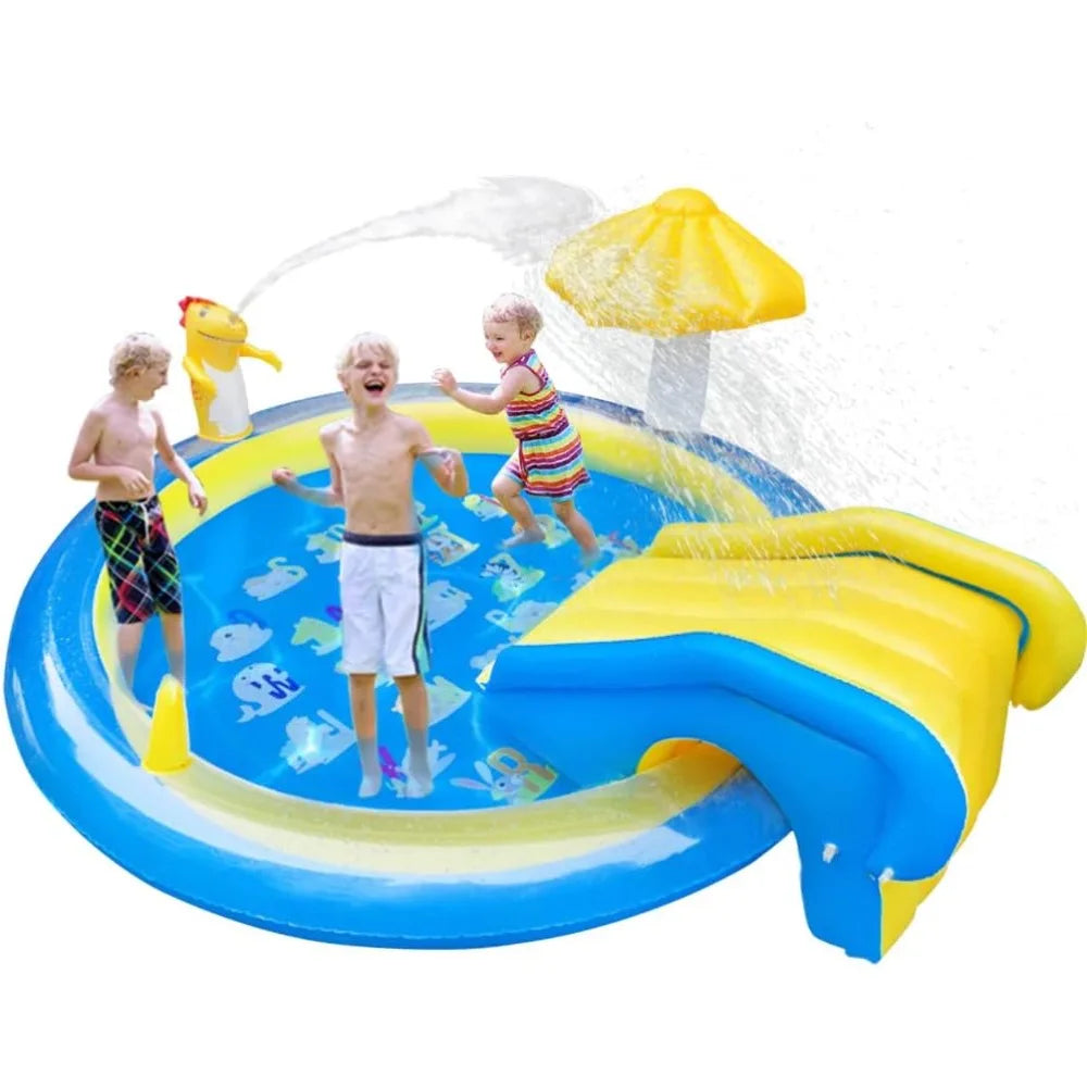 Dinosaur Inflatable Play Center, Kids Round Wading Swimming Pool with Slide, Dinosaur Sprinkle, Mushroom Shade for Kids