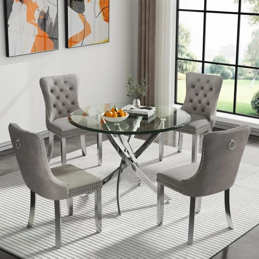 36'' 5 Piece  Set, Glass Dining Table with 4PCS Gray Tufted Dining Chairs