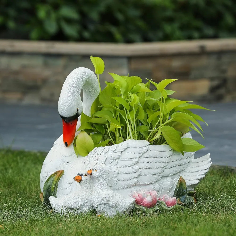 16" Resin Outdoor  White Swan Planter Pot Porch