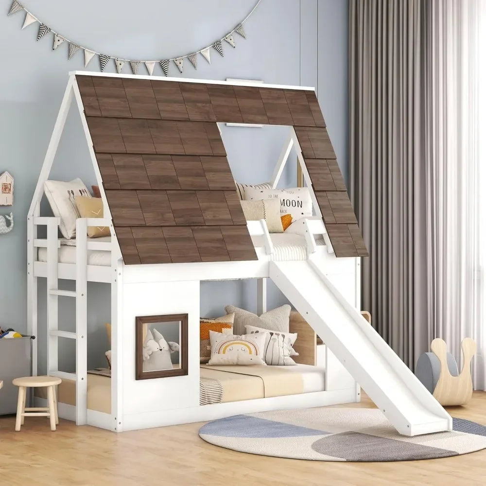 Twin Over Twin House Bunk Bed with Roof and Window