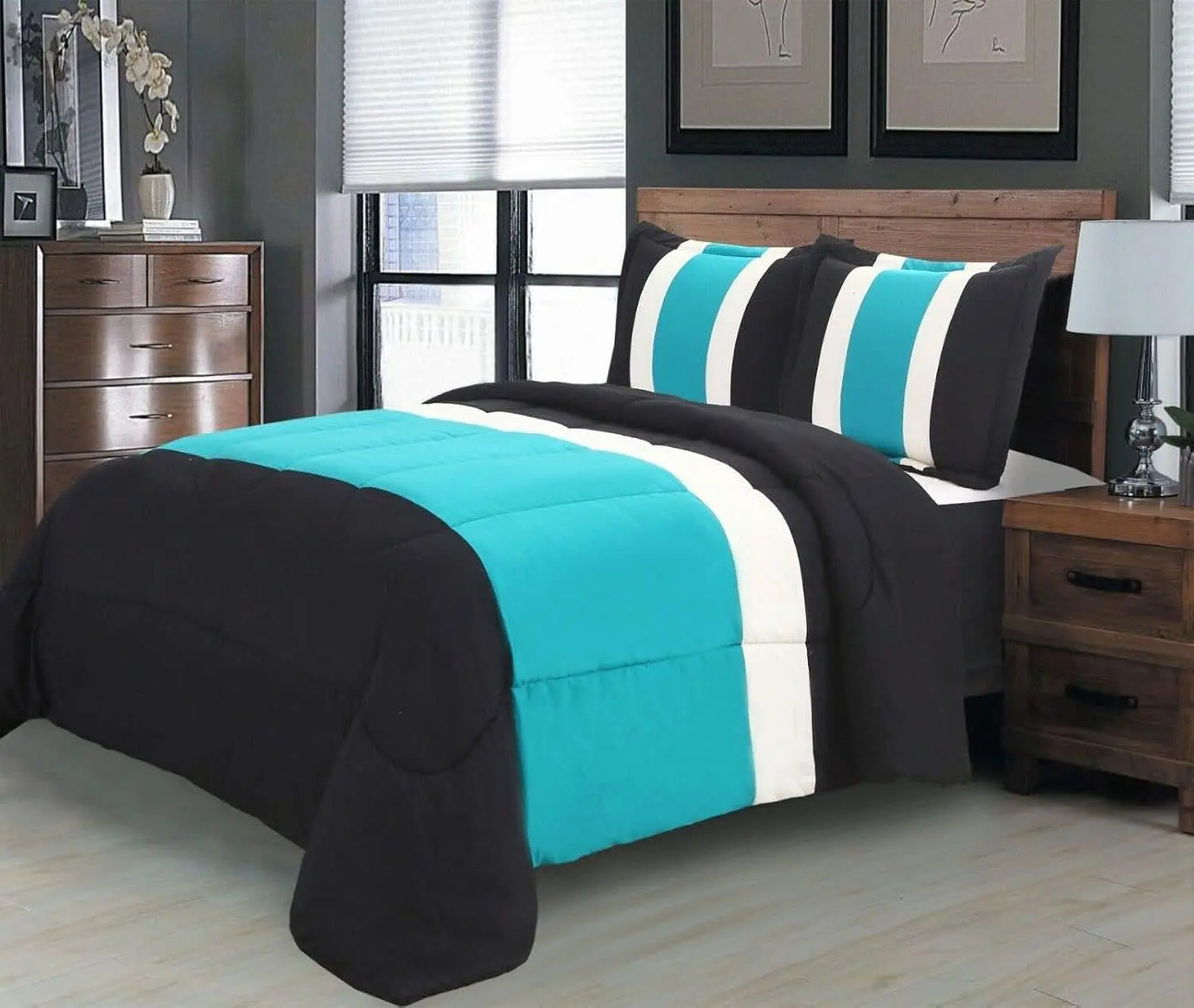 Black and Teal Queen 8pc. Bed in A Bag