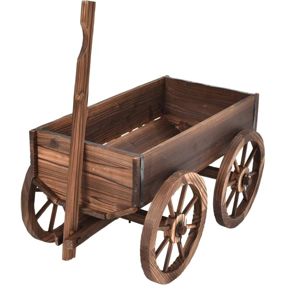 Wood Wagon Flower Planter Pot Stand W/Wheels