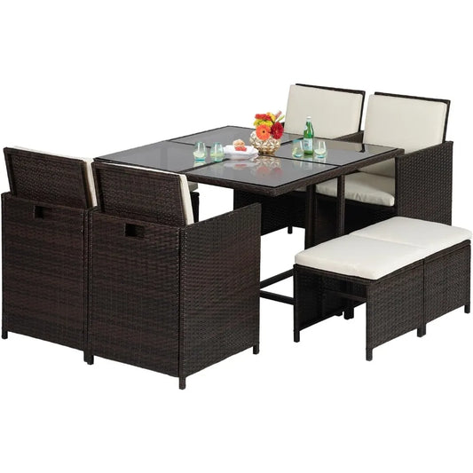 9 Pieces Patio Dining Sets Space Saving Wicker Furniture