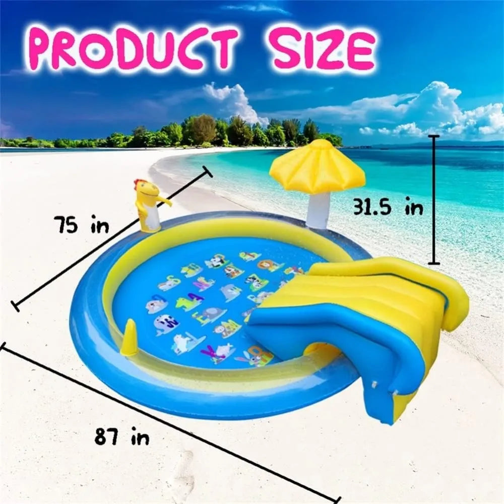 Dinosaur Inflatable Play Center, Kids Round Wading Swimming Pool with Slide, Dinosaur Sprinkle, Mushroom Shade for Kids