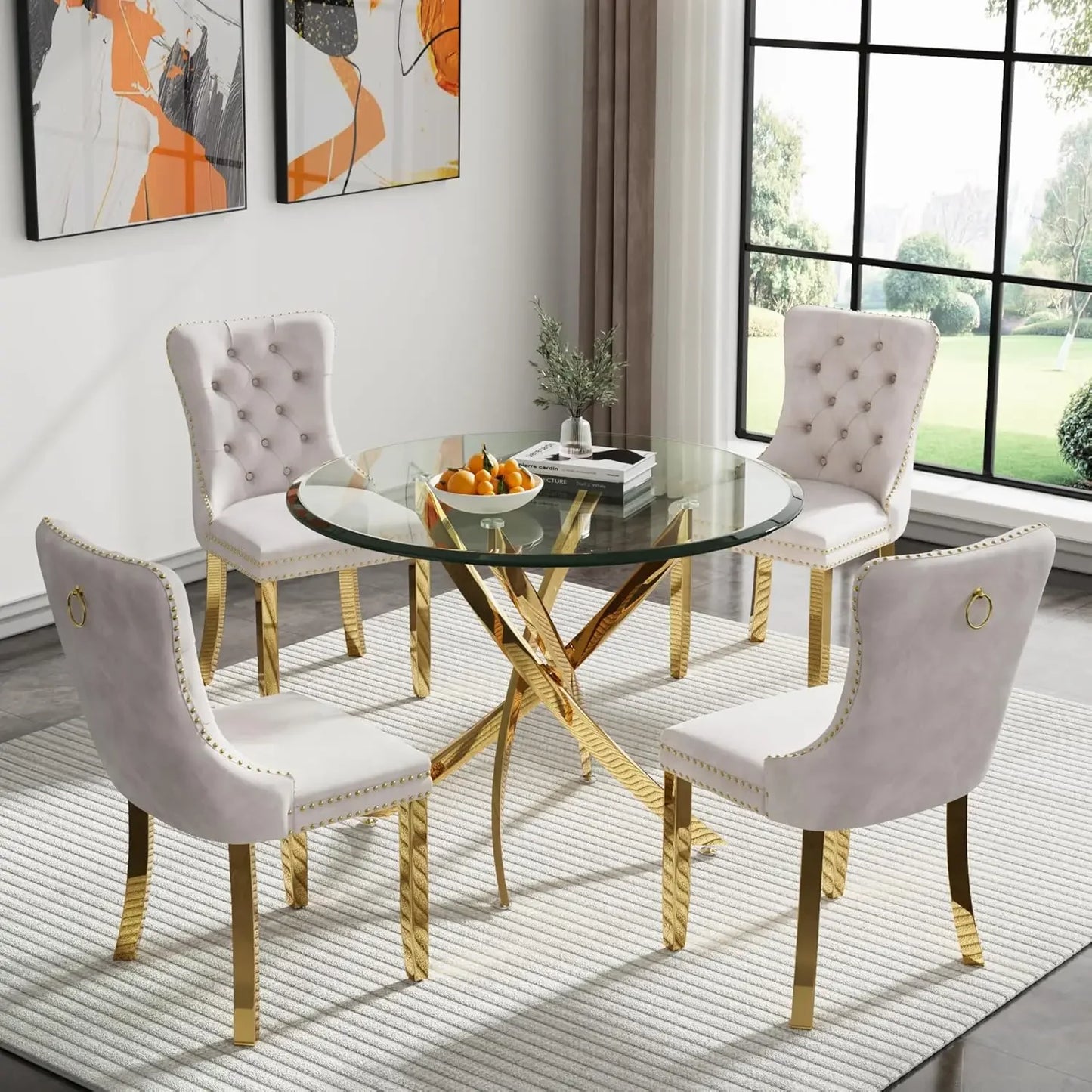 36'' 5 Piece  Set, Glass Dining Table with 4PCS Gray Tufted Dining Chairs