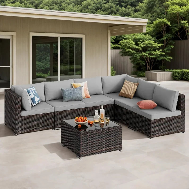 7-Piece Sectional , PE Rattan Outdoor Furniture Patio Conversation Set with Cushions and Glass