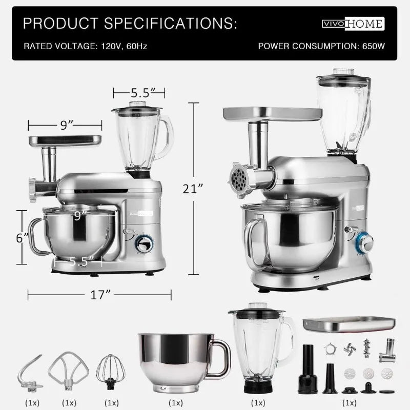 3 in 1 Multifunctional Stand Mixer w 6 Qt Stainless Steel Bowl