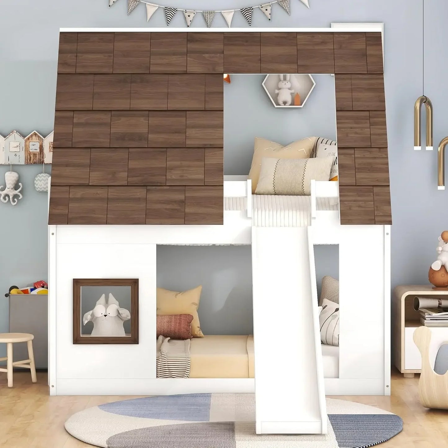 Twin Over Twin House Bunk Bed with Roof and Window