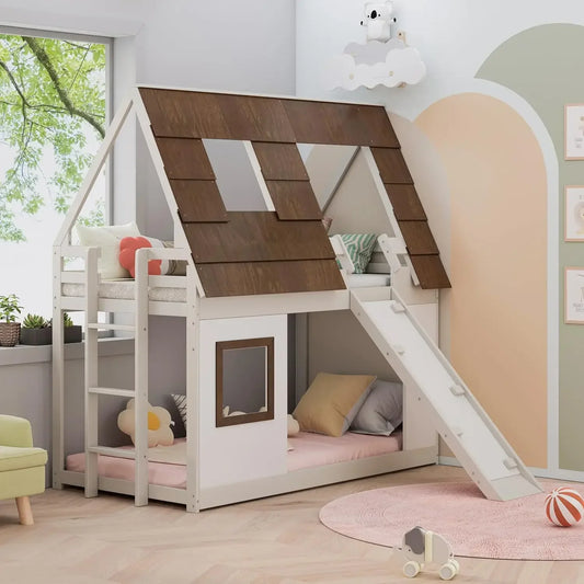 Twin Over Twin House Bunk Bed with Roof and Window