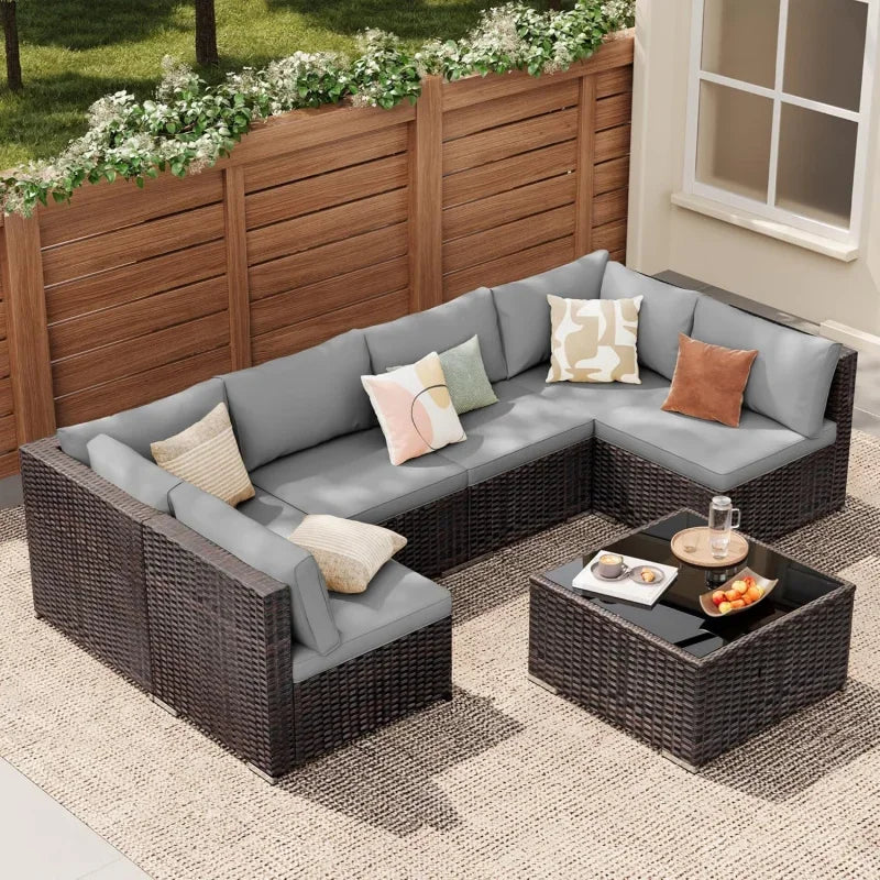 7-Piece Sectional , PE Rattan Outdoor Furniture Patio Conversation Set with Cushions and Glass