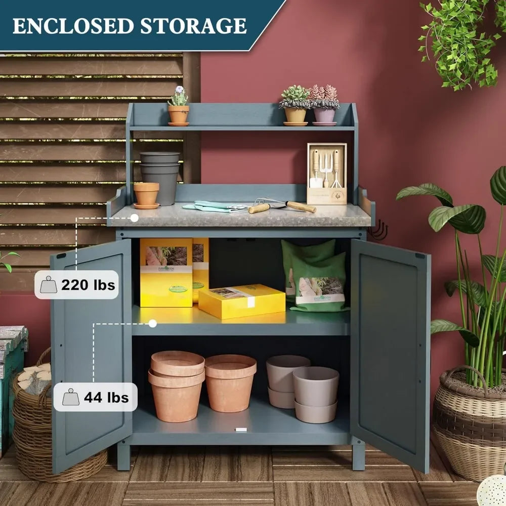 , Wooden Gardening Table with Metal Tabletop and Storage Cabinet