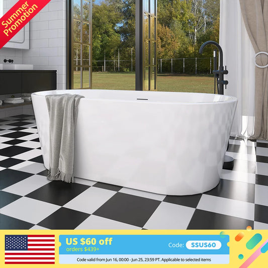 67" Acrylic Freestanding Bathtub, Soaking Tub for Bathroom, Stand Alone Tub, cUPC Certified, Integrated Overflow and Drain