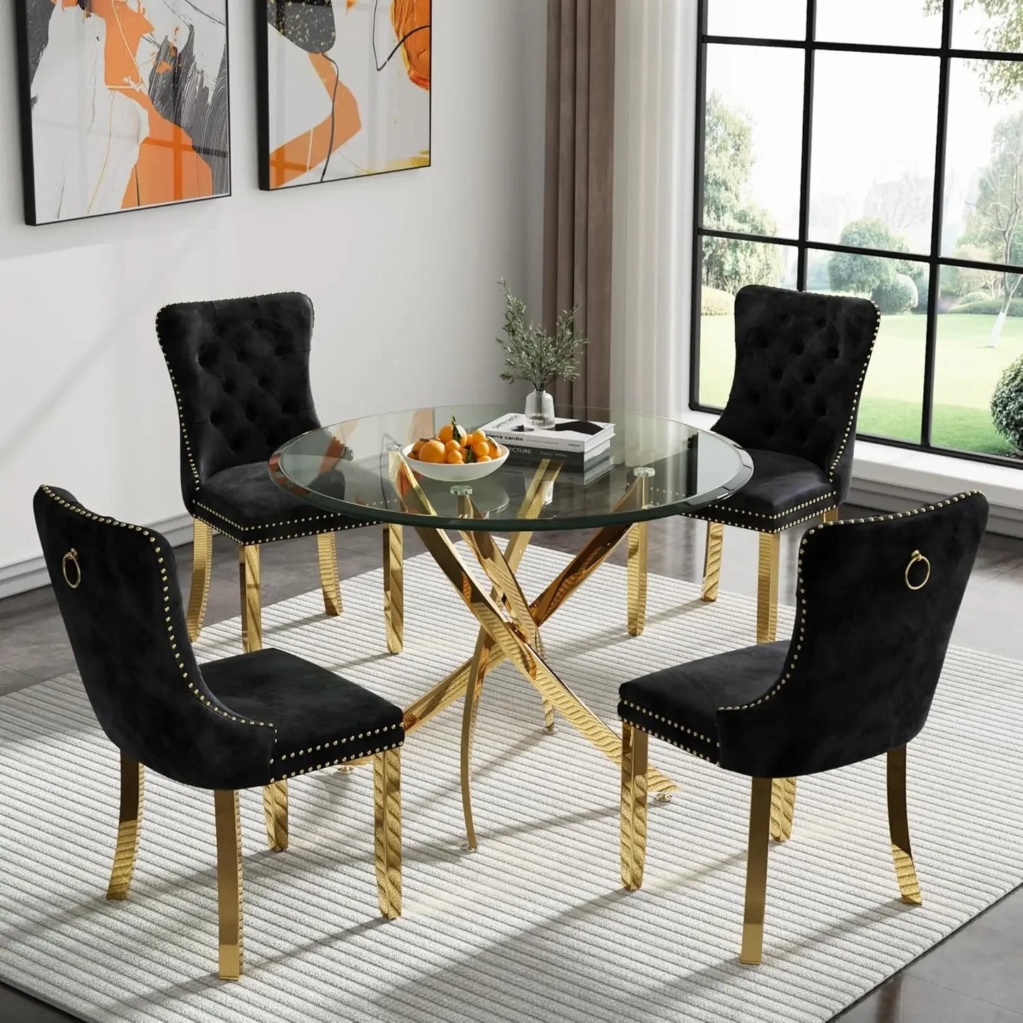 36'' 5 Piece  Set, Glass Dining Table with 4PCS Gray Tufted Dining Chairs