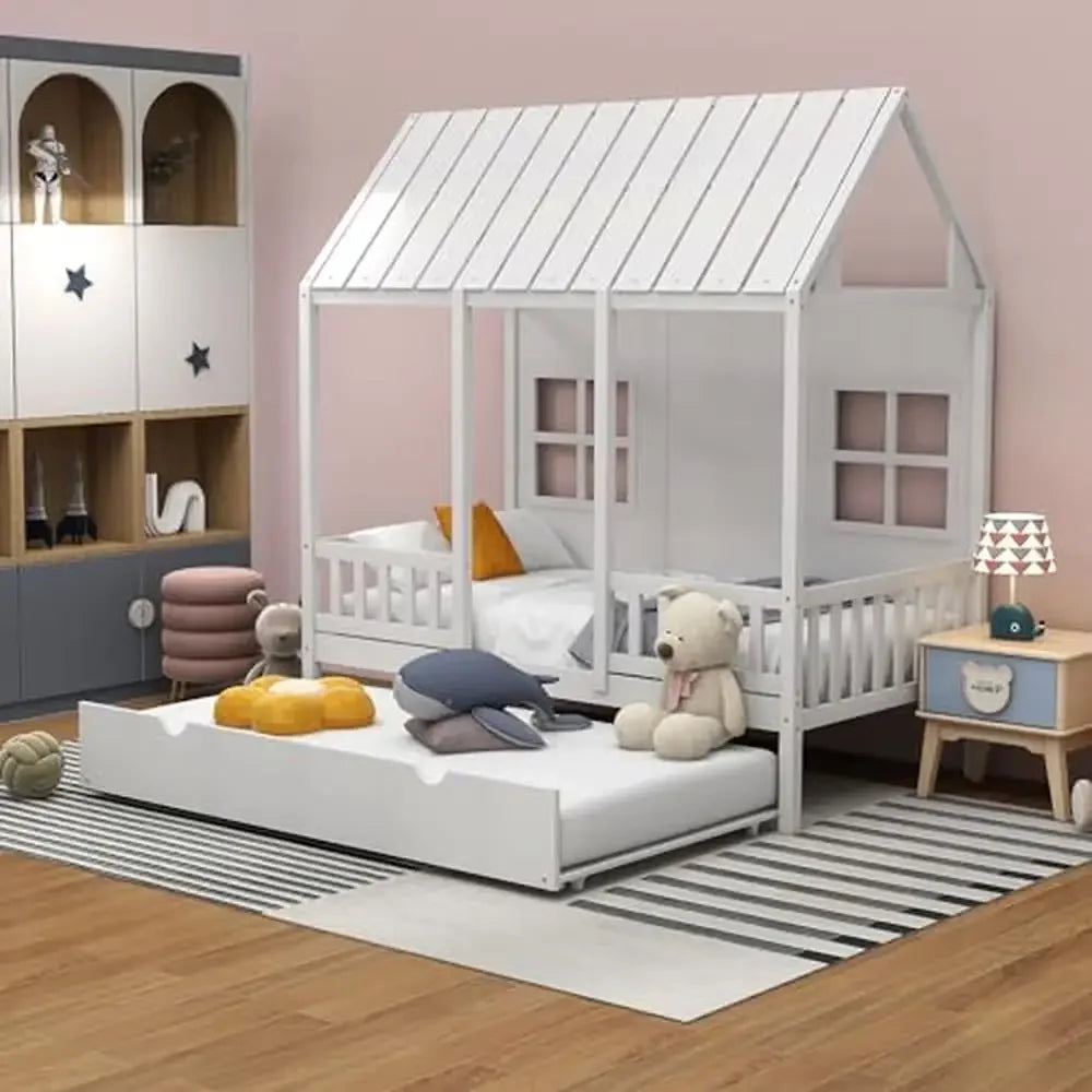 Wooden Twin House Bed with Trundle Playhouse