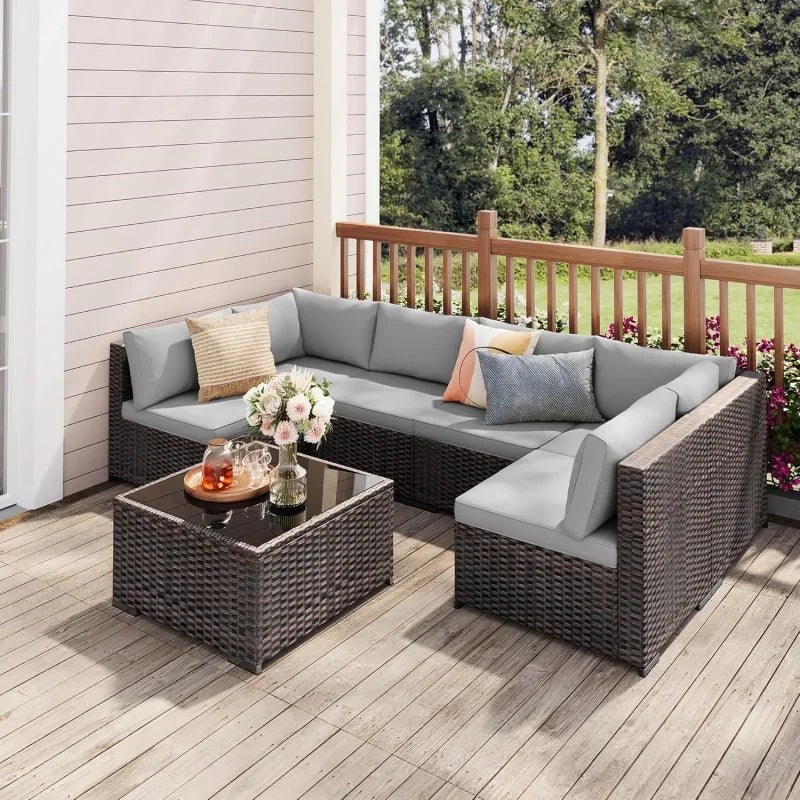 7-Piece Sectional , PE Rattan Outdoor Furniture Patio Conversation Set with Cushions and Glass