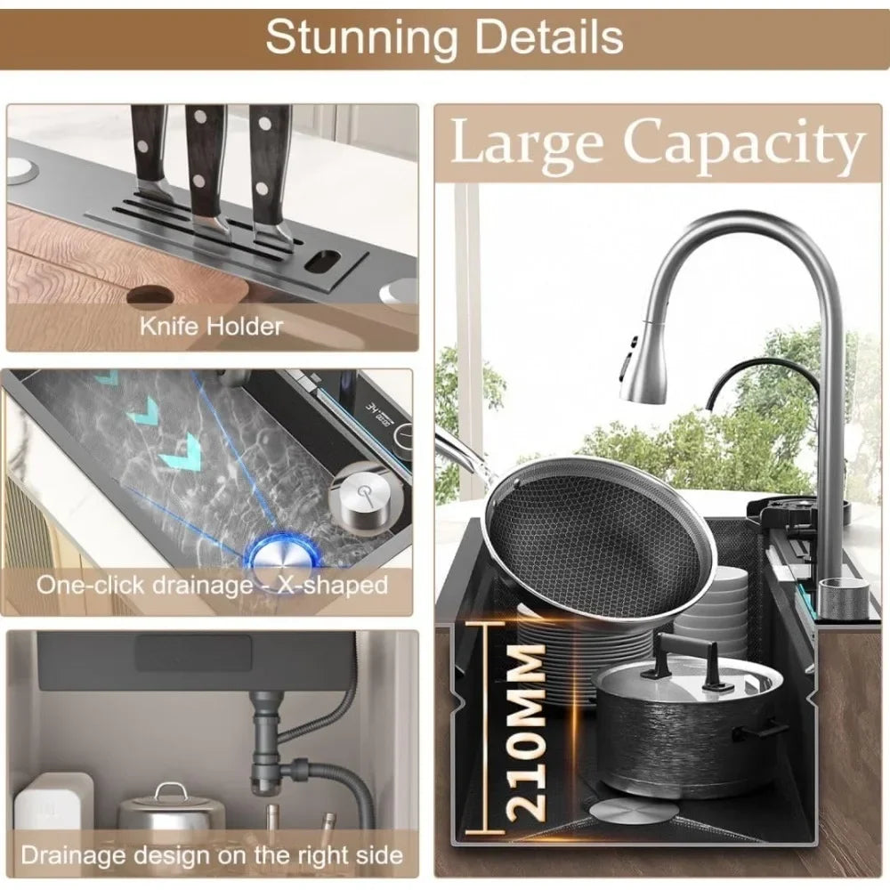 31.5" Kitchen Sink, Stainless Steel Twin Waterfall Sink with Faucet