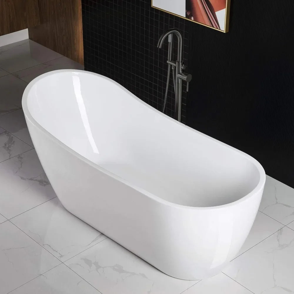 67" Freestanding Bathtub with Matte Black Overflow and Drain.