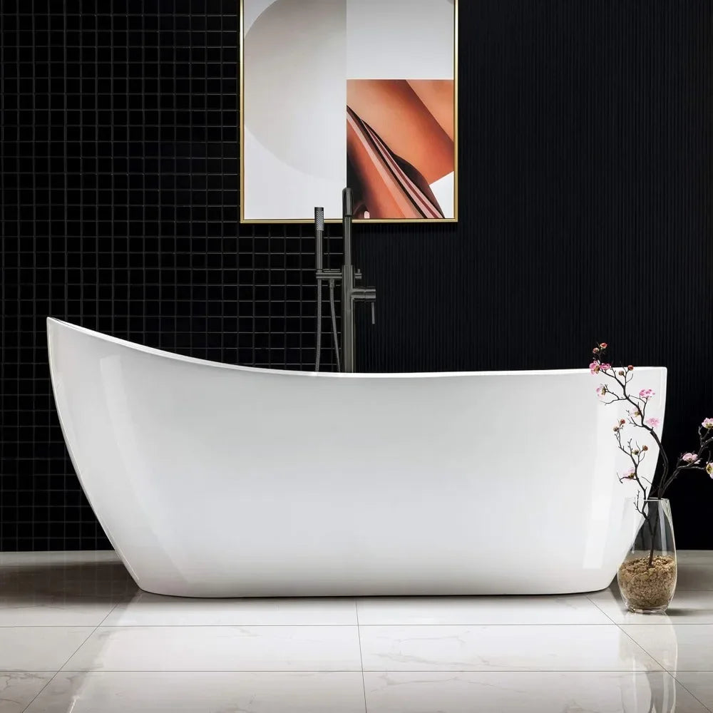 67" Freestanding Bathtub with Matte Black Overflow and Drain.