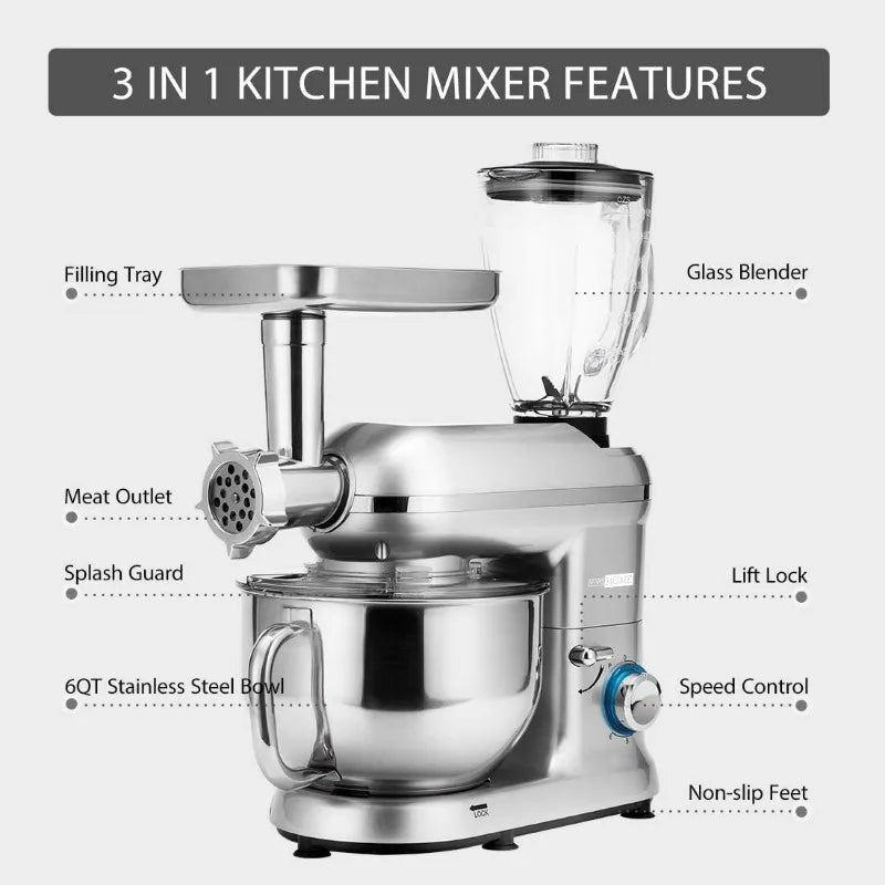 3 in 1 Multifunctional Stand Mixer w 6 Qt Stainless Steel Bowl