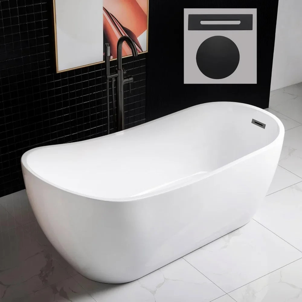 67" Freestanding Bathtub with Matte Black Overflow and Drain.