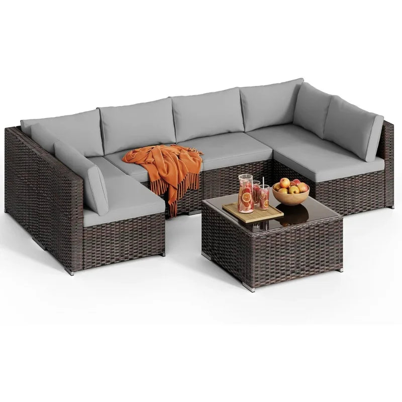 7-Piece Sectional , PE Rattan Outdoor Furniture Patio Conversation Set with Cushions and Glass