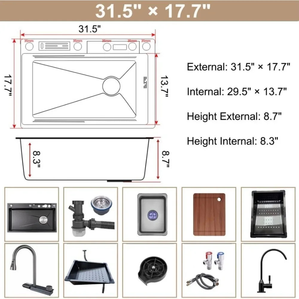 31.5" Kitchen Sink, Stainless Steel Twin Waterfall Sink with Faucet