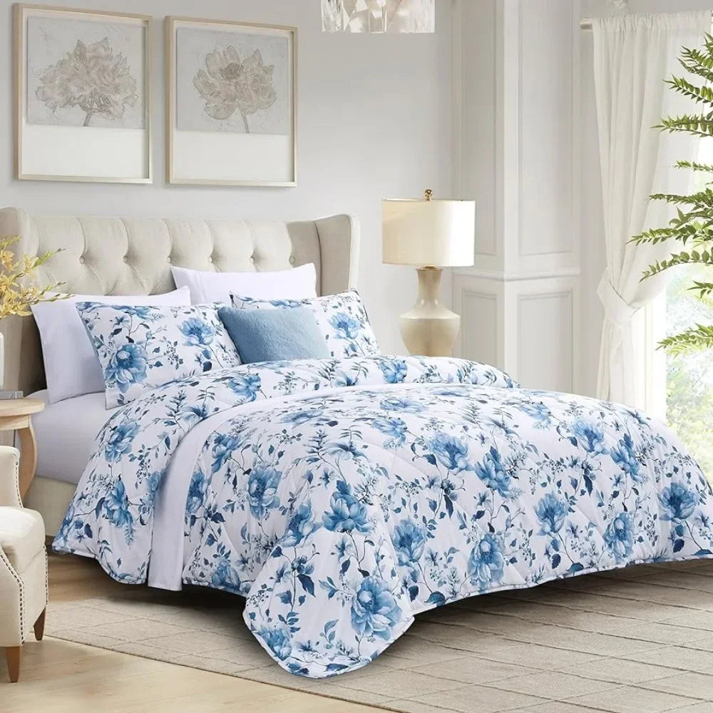 Queen Size Down Alternative Comforter Sets for All Seasons, Full Size Quilt, Garden Floral Farmhouse,2 Pillow Shams,Blue & White