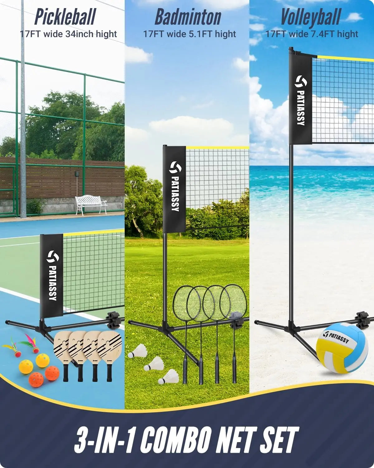 Adjustable Height Volleyball Badminton Pickleball Net Set .