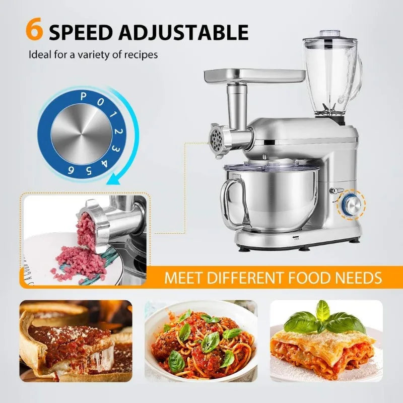 3 in 1 Multifunctional Stand Mixer w 6 Qt Stainless Steel Bowl