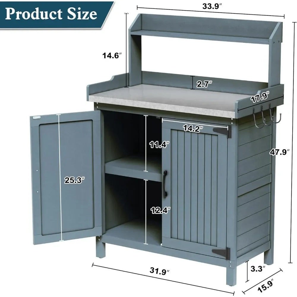 , Wooden Gardening Table with Metal Tabletop and Storage Cabinet